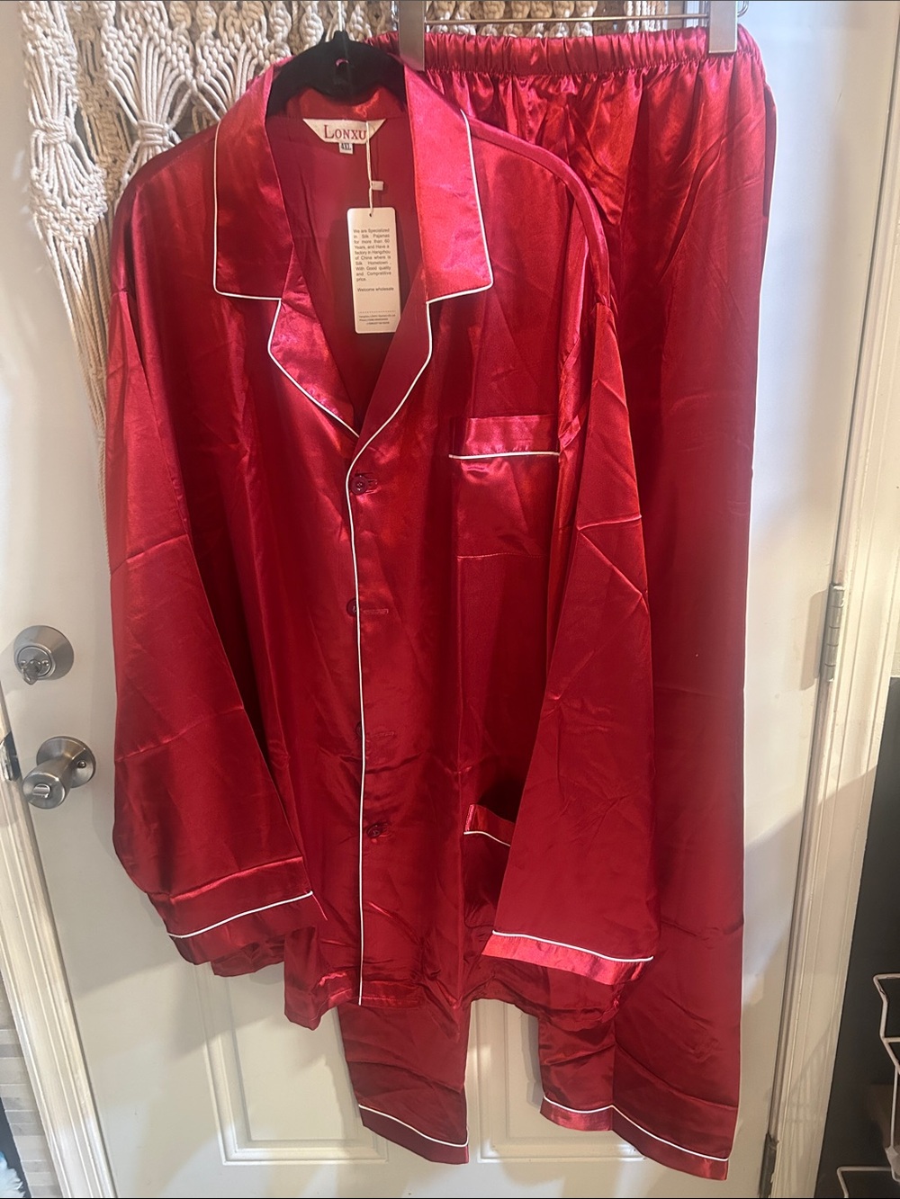 Red Silk Pajama Set with White Piping